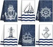 Bencailor 6 Pcs Sea Theme Kitchen Towels Set Beach Ocean Animal Hand Dish Towels Absorbent Soft Nautical Dishcloths for Spring Summer Kitchen Decoration(Navy Blue,Marine)
