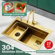 304 Stainless Steel Control Knob Kitchen Sink Single Bowl Colander Overflow Gold