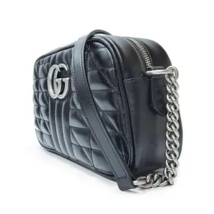 【GUCCI 古馳】447632 新款GG Marmont絎縫系列復古銀釦拉鍊肩背/斜背包(黑色)