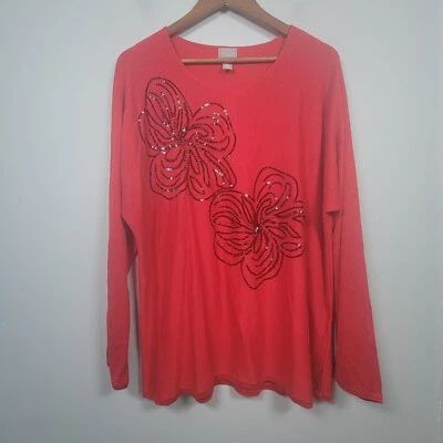 NWT Chicos 3 Sparkle Floral Sequin Beaded Rayon Sweater Pullover Red