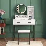Ufurniture Makeup Vanity Desk Stool Set with LED Light and Charging Station, Dressing Table with 360°Rotating Mirror, Drawers Trays and Shelves Storage for Bedroom, Metal Frame (White Black)