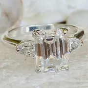 3Ct Emerald-Cut Moissanite Three- Stone Engagement Ring 14K White Gold Plated