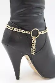 Cute Women Fashion Boot Bracelet Metal Chains Gold Fringes Ring Shoe Round Charm