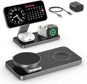 EXW for MagSafe Charger, 3 in 1 Wireless Charger, Fast Wireless Charging Station for iPhone 16/15/14/13/12 Series, Magnetic Charger Stand with Adapter for AirPods and Apple Watch (All Black)