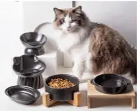 在飛比找松果購物優惠-腐敗貓黑色貓碗陶瓷喝水碗雙碗陶瓷食盆貓咪碗木架碗防打繙寵物碗
