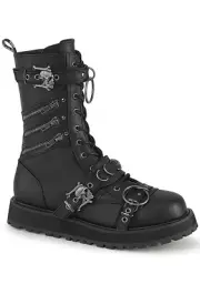 DEMONIA VALOR-240 1 1/2" Platform Lace-Up Front Calf Boot, Side Zip