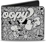 [Buckle-Down] Peanuts Wallet, Bifold, Snoopy Poses and Daisy Flowers Collage Black Grays White, Vegan Leather