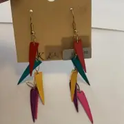 VTG RETRO 80's Dangle Earrings RAINBOW Multicolor SPRAY Neon Triangle On Card