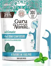 GuruNanda Quad Clean Floss Picks 4-in-1 with Tongue Scraper, Interdental Pik & Toothpick, Non-Shred Dyneema Thread, with Xylitol & Baking Soda, 300 ct
