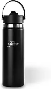 Fuller Stainless Steel Water Bottle with Straw Lid – BPA-Free, Sweat-Proof, Leak-Proof Travel Mug – Double Wall Insulated for Hot & Cold Drinks – Carry Handle (Black, 20 Oz.)