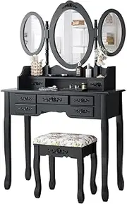 Giantex Folding Vanity Table Set with Mirrors, Elegant Makeup Table & Cushioned Stool Set w/ 7 Drawers and Open Shelf, Dressing Table Set for Home, Apartment & Hotel, Black