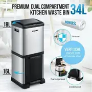 34L Rubbish Bin Pedal Dustbin Kitchen Waste Garbage Trash Can Household Stepbin Dual Two Layer Press Top