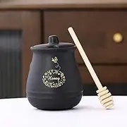 TINGJUNN 12.7 oz Ceramic Honey Jar with Lid Honey Jar with Wooden Honey Scooper, Honey Jar Set, Home and Kitchen for Honey Storage (Black)