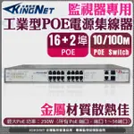 【KINGNET】監視器 16+2埠 工業型POE電源集線器 供電器 16+1埠 乙太網路交換器 網路供電換器(POE SWITCH)