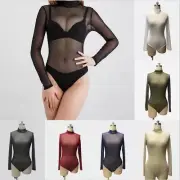 Women Sheer Mesh Bodysuit Leotard Top Lingerie Turtle Neck Long Sleeve Sexy