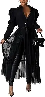[Ekaliy] Women’s Casual Mesh See Through Shirts Long Dresses with Belt V Neck Button Down Club Party Outfit