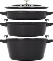 [STAUB] Cast Iron Set 4-pc, Stackable Space-Saving Cookware Set, Dutch Oven, Cast Iron Skillet, Cast Iron Grill Pan with Universal Lid, Made in France, Matte Black (14552623)