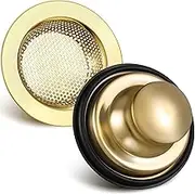 Retisee 2 Pcs Kitchen Sink Drain Strainer Stopper Set Stainless Steel Drain Catcher and Cover Large Wide Rim 4.5" Diameter Sink Basket Garbage Disposal Plug for Standard 3 1/2 Inch(Gold)