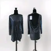 NWT Black Sequin Shift Dress Open Cowl Back Mini Sz 6 Sexy Holiday Party NYE