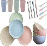 LUKYRA Wheat Straw Dinnerware Sets (20PCS) Lightweight & Unbreakable Dinnerware Set Camping Plates Cups and Bowls Set with Forks Spoons,Service for 4