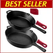Cast Iron Skillets Set - 10" & 12" Pre-Seasoned Frying Pans with Silicone Grips