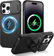 DOMAVER for iPhone 14 Pro Case with Magnetic Rotatable Kickstand & Slide Camera Cover, [Compatible with MagSafe], Heavy Duty Shockproof Case for iPhone 14 Pro 6.1", Black