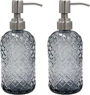 SDlumeiy 16 oz Diamond Pattern Glass Soap Dispenser, Kitchen and Bathroom Refillable Soap Dispenser with Rust Resistant Stainless Steel Pump for Hand Soap, Lotion Glass Liquid Dispenser(Grey-2pack)