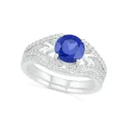 7.0mm Lab-Created Blue and White Sapphire Geometric Pointed Split Shank Bridal Engagement Ring Set in Sterling Silver