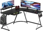 Black L-Shaped Gaming Desk with Monitor Stand