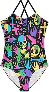 [GuoChe] Girl 1 Piecing Swimsuits Colorful Doodle Skulls Skeletons Funny Black Toddler Bathing Suit Girl Toddler Swim Suit for