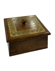 [Willow & Silk] Wooden Handmade Golden Metal Trinket Box 15cm in Brown