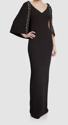 $881 Badgley Mischka Womens Black Beaded Short Cap Sleeve Cape Gown Dress Size 2