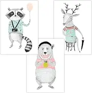 Wall Pictures, Set of 3 for Baby and Children's Room, Decorative Posters, Art Print, DIN A4, without Frame and Decoration (Boy/Girl) (W01 Tourist Raccoon Bear Deer)