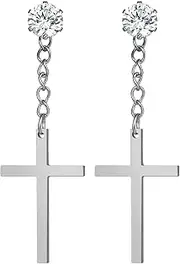 [Aroncent] Cross Earrings for Men and Women: Stainless Steel Vintage Punk Long Chain Pendant Stud Earrings with Cubic Zirconia without Ear Hole Jesus Earrings Fashion Jewellery Silver, /, Stainless