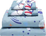 EVERYDAY KIDS Blast Off in Outer Space Full Size Bed Sheet Set for Kids with Galaxy Design of Rockets and UFOs; Boys 4-Piece Full Size Sheets Set Includes Flat Sheet, Fitted Sheet and 2 Pillowcases