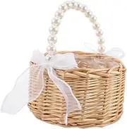 WEKADRIN Elegant Handwoven Wicker Flower Basket with Bead Handle for Flower Weddings and Indoor Plant Decor Sturdy Lightweight for Outdoor Activities and present Presentation