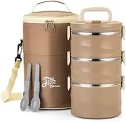 Lille Home Tiffin Lunch Box - Stylish and Leak-Proof, Stainless Steel, Thermal Compartment, Insulated Bento Box, 3-Tier Food Container with Lunch Bag, Large 88 OZ, Idea for Every Day Use (Brown)