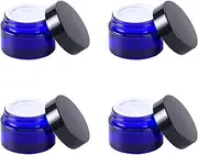 Over News 4PCS 1 oz Small Glass Jar, Empty Cosmetic Lotion Containers,with Inner Liners,Black Lid, Spatula (Blue)