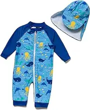 [BONVERANO] Baby Boy Swimsuit/Sunsuit UPF 50+ Full-Length Zipper Swimwear with Sun Cap.