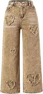 [Verdusa] Girl's Elastic Waist Raw Trim Denim Pants Wide Leg Jeans with Pocket