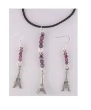 Necklace Earrings 3D Eiffel Tower Charms Brown Silver Beads Black Cord Sterling