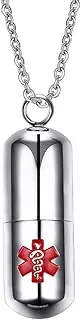 [Flongo] SOS Capsule Emergency Pendant Necklace Stainless Steel Pendant Chain Silver Red Medical Alert ID SOS Emergency Capsule