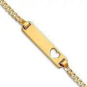 [JewelryWeb] 14k Solid Yellow Gold Polished Plate Stamped Out Love Heart Curb Teen ID Bracelet Lobster Claw 5mm Wide Identification-Bracelet