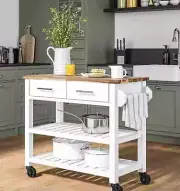 Seville White Rolling Kitchen Cart Butcher Block Top, Double-Drawer Storage