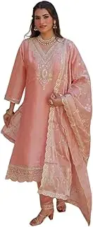 [Generic] Women's Silk Heavy Embroidery Sequence Work Top-Bottom Straight Kurti With Pant and Dupatta set