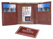 Red RFID Blocking Mens Leather ID 7 Credit Card ID Window Thin Trifold Wallet