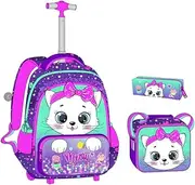 [Inprof] Kids Rolling Backpack with Wheels for Elementary Girls Boys Travel Luggage Carry on Backpack, 01 Purple Cat