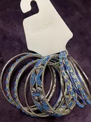 COLOR by Kohl’s Blue Denim Beaded Rhinestone Bangle Bracelets 10pc