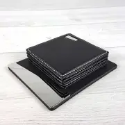 Black Leather 3.5" Coaster Foam Backing Set w Chrome Holder Base 5pcs Modern NEW