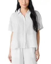 Eileen Fisher Puckered Linen Striped Short Sleeve Shirt